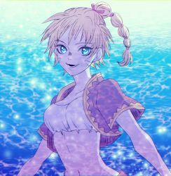 Rule 34 | 1girl, blonde hair, blue background, blue eyes, breasts, chiru (sanifani), chrono cross, cleavage, collarbone, cropped jacket, facial mark, hair ribbon, jacket, kid (chrono cross), lower teeth only, medium breasts, midriff, multi-tied hair, navel, open mouth, ponytail, red jacket, ribbon, shirt, short sleeves, smile, solo, teeth, torn clothes, torn shirt, upper body, water, white shirt