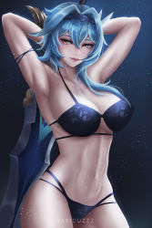 Rule 34 | 1girl,  body, abs, armpits, arms up, asymmetrical hair, bikini, blue hair, breasts, claymore (sword), cleavage, closed mouth, eula (genshin impact), genshin impact, hair between eyes, hair ornament, hand up, highres, large breasts, lipstick, long hair, makeup, navel, solo, standing, swimsuit, thick thighs, thighs, water, weapon, yellow eyes