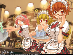 Rule 34 | blonde hair, drink, gagraphic, glasses, open mouth, orange hair, pink hair, red eyes, restaurant, super zombie, waitress, wallpaper