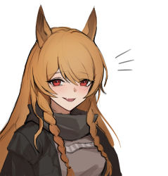 Rule 34 | 1girl, animal ears, arknights, black jacket, blush, braid, breasts, brown hair, ceobe (arknights), ceobe (unfettered) (arknights), commentary request, dog ears, dog girl, eyes visible through hair, fang, hair over one eye, jacket, jason kim, long hair, looking at viewer, notice lines, official alternate costume, oversized clothes, red eyes, simple background, skin fang, smile, solo, twin braids, white background