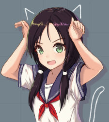 Rule 34 | 1girl, :d, arms up, black hair, cat hair ornament, commentary, green eyes, hair ornament, hands up, highres, itachi kanade, long hair, low twintails, neckerchief, nyan, open mouth, original, paw pose, school uniform, serafuku, smile, solo, twintails