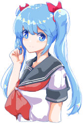 Rule 34 | 1girl, black sailor collar, blue eyes, blue hair, bow, closed mouth, cropped torso, hair between eyes, hair bow, twirling hair, hand up, hatsune miku, highres, looking at viewer, neckerchief, red bow, red neckerchief, sailor collar, school uniform, serafuku, shirt, short sleeves, simple background, smile, solo, twintails, upper body, vocaloid, white background, white shirt, yusake san