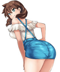 Rule 34 | 1girl, amano megumi, amano megumi wa suki darake!, ass, bare shoulders, blue eyes, breasts, brown hair, fang, female focus, hai ookami, highres, long hair, looking at viewer, looking back, pantylines, shorts, simple background, skirt, smile, solo, suspender shorts, suspender skirt, suspenders, thick thighs, thighs, white background, wide hips