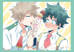Rule 34 | 2boys, absurdres, arm grab, bakugou katsuki, blonde hair, blush, boku no hero academia, border, collared shirt, cursive, english text, food, food on hand, freckles, green border, green eyes, green hair, highres, holding, holding food, ice cream, ice cream cone, licking, licking hand, looking at another, midoriya izuku, multiple boys, necktie, outline, profile, rapiko, red eyes, red necktie, school uniform, shirt, spiked hair, striped, striped background, sweatdrop, tongue, tongue out, u.a. school uniform, white outline, white shirt, yaoi, yellow background
