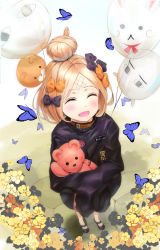 Rule 34 | 1girl, abigail williams (fate), abigail williams (traveling outfit) (fate), balloon, black bow, black jacket, blonde hair, bow, brown collar, bug, butterfly, closed eyes, collar, commentary request, fate/grand order, fate (series), flower, hair bow, hair bun, highres, insect, jacket, kian, long hair, multiple hair bows, hugging object, official alternate costume, orange bow, orange flower, outdoors, parted bangs, single hair bun, sleeves past fingers, sleeves past wrists, solo, standing, stuffed animal, stuffed toy, teddy bear, yellow flower
