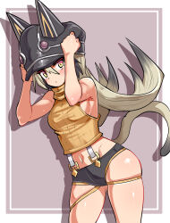 Rule 34 | 1girl, adjusting clothes, adjusting headwear, animal ears, animal hat, black hair, black hat, black shorts, breasts, brown shirt, cat ears, cat girl, cat hat, cat tail, closed mouth, commentary, cougar (cougar1404), cowboy shot, cropped shirt, gradient hair, grey background, grey hair, hat, leaning forward, light frown, long hair, looking at viewer, medium breasts, micro shorts, multicolored hair, navel, original, ribbed shirt, shadow, shirt, shorts, sleeveless, sleeveless shirt, solo, standing, suspenders, tail, thigh strap, turtleneck, yellow eyes