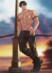 Rule 34 | 1boy, abs, artist name, bara, biceps, black hair, blurry, blurry background, boots, broad shoulders, cloud, cloudy sky, commission, ear piercing, earrings, highres, jewelry, jouvru, looking at viewer, lying, male focus, muscular, muscular male, navel piercing, nipple piercing, nipples, original, outdoors, pants, pectoral cleavage, pectorals, piercing, pole, sky, smile, solo, sunset, tattoo, thick arms, topless male
