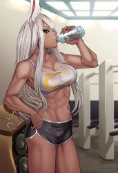 Rule 34 | 1girl, animal ears, black shorts, boku no hero academia, bottle, breasts, brown eyes, ceiling light, clothing cutout, collarbone, commentary, dark-skinned female, dark skin, dolphin shorts, drinking, exercise machine, gym, highres, holding, holding bottle, indoors, large breasts, long eyelashes, long hair, looking at viewer, mirko, navel, nicomamu, profile, rabbit ears, rabbit girl, rabbit tail, shirt, shorts, solo, spanish commentary, sports bra, sweat, tail, tail through clothes, toned, very long hair, water bottle, weights, white shirt, white sports bra