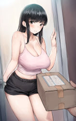 Rule 34 | 1boy, 1girl, absurdres, bare arms, bare shoulders, black hair, black shorts, blunt bangs, breasts, brown eyes, camisole, cleavage, collarbone, cowboy shot, delivery, doorway, highres, large breasts, long hair, looking at viewer, mochirong, navel, open door, original, package, parted lips, pov, short shorts, shorts, sleeveless, solo focus