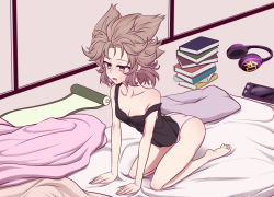 Rule 34 | 1girl, arm support, ass, bare arms, bare legs, bare shoulders, barefoot, benizuwai, black tank top, blanket, book stack, breasts, brown eyes, brown hair, cleavage, collarbone, commentary request, drooling, earmuffs, earmuffs removed, futon, indoors, kneeling, nintendo switch, open mouth, panties, pink panties, pointy ears, scroll, short hair, sidelocks, small breasts, solo, strap slip, tank top, thighs, touhou, toyosatomimi no miko, underwear