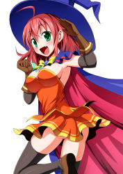 Rule 34 | 1girl, :d, ahoge, alice wishheart, black thighhighs, bow, breasts, bucchake (asami), cape, elbow gloves, fang, gloves, green eyes, hat, large breasts, leg up, legs, magical halloween, miniskirt, open mouth, orange skirt, red hair, short hair, simple background, skirt, smile, solo, striped clothes, striped skirt, thighhighs, thighs, witch hat, yellow bow