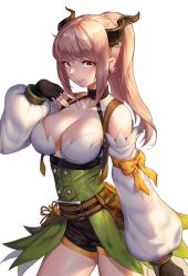 Rule 34 | 1girl, black gloves, black shorts, bow, breasts, brown eyes, brown hair, chinese commentary, cleavage, commentary request, cowboy shot, detached sleeves, dress, earrings, fingerless gloves, gloves, green dress, halterneck, highres, horns, jewelry, large breasts, long hair, looking at viewer, official alternate costume, ponytail, ragnarok online, ranger (ragnarok online), rio, shorts, simple background, sleeve bow, smile, solo, white background, white sleeves, yellow bow
