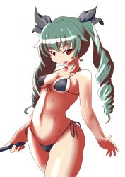 Rule 34 | 10s, 1girl, anchovy (girls und panzer), artist request, bikini, black bikini, breasts, curvy, drill, drill hair, female focus, girls und panzer, green hair, hair ribbon, highres, long hair, medium breasts, open mouth, red eyes, ribbon, shiny skin, side-tie bikini bottom, smile, solo, standing, swimsuit, thong, thong bikini, twintails, wide hips
