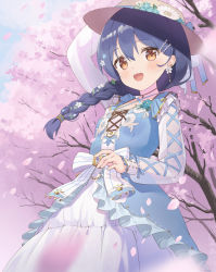 Rule 34 | 1girl, arm up, blue dress, bow, braid, cherry blossoms, commentary request, cowboy shot, cross-laced clothes, day, dress, earrings, eichisu, flower, frills, hair flower, hair ornament, hand on headwear, hat, hat bow, highres, jewelry, long hair, long sleeves, looking at viewer, love live!, necklace, open mouth, ribbon, side braid, skirt, smile, solo, sonoda umi, standing, sun hat, white flower
