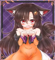 Rule 34 | 1girl, animal ears, bare shoulders, blush, brooch, brown hair, collarbone, dress, ears down, fang, fangs, fingernails, hair ornament, halloween, imaizumi kagerou, jack-o&#039;-lantern, jewelry, long hair, long sleeves, looking at viewer, mofu mofu, nail polish, open mouth, red eyes, sharp fingernails, solo, tail, tears, touhou, translation request, trembling, wolf ears, wolf tail
