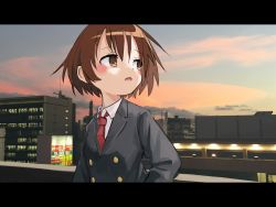 Rule 34 | 1girl, absurdres, bad id, bad twitter id, blush, brown eyes, brown hair, buttons, collared shirt, double-breasted, gishiki (gshk), grey jacket, highres, jacket, kill me baby, letterboxed, necktie, oribe yasuna, outdoors, parted lips, photo background, red necktie, shirt, short hair, solo, white shirt, wing collar