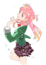 Rule 34 | 1girl, arms up, blazer, bow, character request, copyright request, from above, from behind, gradient hair, hands in hair, jacket, knee up, long hair, looking at viewer, looking back, multicolored eyes, multicolored hair, nail polish, pink hair, plaid, plaid skirt, pleated skirt, red nails, school uniform, skipping, skirt, smile, solo, tmku, wind