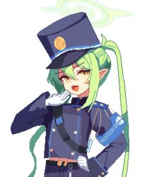 Rule 34 | 1girl, belt, black belt, black hat, black jacket, black shorts, blue archive, buttons, double-breasted, fang, gloves, green hair, green halo, hair between eyes, halo, hand on own hip, hat, nozomi (blue archive), highres, jacket, long hair, long sleeves, looking at viewer, open mouth, peaked cap, pixel art, pointy ears, shorts, simple background, skin fang, smile, solo, tinia etru, twintails, white background, white gloves, yellow eyes