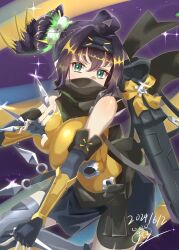 Rule 34 | 1girl, absurdres, ahoge, bare shoulders, black hair, black scarf, blonde hair, breasts, duel monster, elbow gloves, fingerless gloves, forehead protector, gloves, gradient hair, green eyes, highres, holding, holding shuriken, holding weapon, kunai, large breasts, mashiroken07, multicolored hair, ponytail, s-force rappa chiyomaru, s:p little knight, scarf, scarf over mouth, shuriken, sleeveless, solo, thighhighs, weapon, yu-gi-oh!
