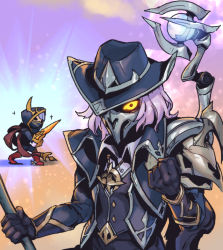 Rule 34 | 2boys, armor, black gloves, black headwear, black jacket, black pants, black vest, boots, clenched hand, gloves, glowing, glowing eyes, grey hair, high noon viktor, holding, holding staff, hood, hood up, jacket, league of legends, looking at viewer, male focus, mask, mouth mask, multicolored background, multiple boys, pants, phantom ix row, prestige high noon talon, shoulder armor, solo focus, sparkle, staff, talon (league of legends), vest, viktor (league of legends), weapon