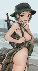 Rule 34 | 1girl, absurdres, ass, assault rifle, belt pouch, black hair, boonie hat, breasts, brown eyes, camouflage, camouflage skirt, commentary request, daewoo k1, gun, highres, looking back, medium breasts, mole, mole on ass, mole on breast, multiple moles, no bra, no panties, original, pelvic curtain, pouch, raised eyebrow, republic of korea army, rifle, rifleman1130, sideboob, skindentation, skirt, sleeveless, soldier, solo, teeth, thick eyebrows, thigh strap, upper teeth only, water, weapon, weapon on back, wet