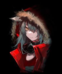 Rule 34 | 1girl, animal ears, arknights, black background, commentary, expressionless, fur-trimmed hood, fur trim, gas mask, hair between eyes, hair over one eye, highres, hood, hooded jacket, jacket, lips, long hair, looking at viewer, mask, mask around neck, projekt red (arknights), red jacket, silver hair, simple background, solo, tobunchudoku, upper body, wolf ears, yellow eyes