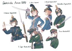 Rule 34 | 1870, 6+girls, absurdres, aiguillette, ammunition pouch, backpack, bag, bayonet, belt, black belt, blonde hair, blue eyes, blue jacket, braid, brown hair, buttons, canteen, cavalry sword, closed mouth, commentary, cropped torso, german text, green eyes, green jacket, gun, hat, hat ornament, helmet, highres, holding, holding gun, holding weapon, jacket, karasumi (sumizono), load bearing equipment, long hair, long sleeves, looking at viewer, mess kit, military, military hat, military jacket, military uniform, multiple girls, musket, one eye closed, open mouth, original, peaked cap, pickelhaube, plume, pouch, saber (weapon), short hair, shoulder boards, simple background, soldier, sword, uhlan, uniform, upper body, weapon, white belt