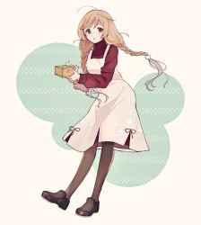 Rule 34 | 1girl, anchor symbol, beans, beige background, beige dress, black footwear, black pantyhose, box, braid, brown eyes, brown sweater, cloud hair ornament, cloud print, full body, gradient hair, kantai collection, light brown hair, loafers, long hair, masu, minegumo (kancolle), multicolored background, multicolored hair, pantyhose, shakemi (sake mgmgmg), shoes, solo, sweater, turtleneck, twin braids