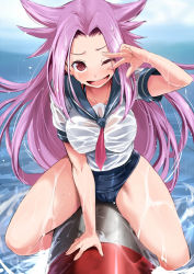 Rule 34 | 1girl, ;d, ario, blush, breasts, cosplay, jun&#039;you (kancolle), kantai collection, large breasts, long hair, looking at viewer, one-piece swimsuit, one eye closed, open mouth, personification, purple eyes, purple hair, school swimsuit, see-through, smile, solo, swimsuit, swimsuit under clothes, v, water, wet, wink