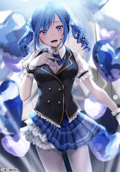 Rule 34 | 1girl, balloon, black vest, blue bow, blue bowtie, blue hair, blue skirt, blurry, blurry background, blush, bow, bowtie, breasts, chigusa minori, collared shirt, cowboy shot, dress shirt, earpiece, frilled skirt, frills, gloves, hair bow, hand on own chest, head tilt, heart, heart balloon, large breasts, looking at viewer, medium hair, open mouth, original, pantyhose, pleated skirt, puffy short sleeves, puffy sleeves, purple eyes, shirt, short sleeves, sidelocks, skirt, solo, twintails, vest, white gloves, white pantyhose, white shirt