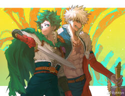 Rule 34 | 2boys, abs, abstract background, absurdres, alternate universe, arm at side, bakugou katsuki, belt, belt buckle, blonde hair, blue jacket, blue pants, boku no hero academia, brown belt, buckle, cape, chinese commentary, closed mouth, collarbone, commentary request, cropped jacket, detached sleeves, ear piercing, floating cape, freckles, fur-trimmed jacket, fur-trimmed pants, fur trim, gloves, gradient background, green background, green cape, green eyes, green hair, grey shirt, grin, hand up, high-waist pants, high collar, highres, holding, holding sword, holding weapon, jacket, jewelry, letterboxed, looking at viewer, looking to the side, male focus, midoriya izuku, multiple belts, multiple boys, multiple piercings, navel, necklace, no shirt, official alternate costume, open collar, open fly, orange cape, outside border, outstretched arm, pants, partially unbuttoned, piercing, profile, red belt, red eyes, red gloves, scar, scar on chest, scar on leg, shirt, short hair, short sword, side-by-side, sidelighting, sideways glance, sideways mouth, single shoulder pad, smile, spiked hair, sword, toggles, toned, toned male, torn cape, torn clothes, turning head, upper body, weapon, weibo logo, weibo watermark, yellow background, yellow brooch, ykkiyo