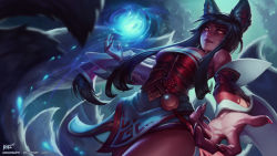 Rule 34 | 1girl, ahri (league of legends), animal ears, breasts, claws, foreshortening, fox ears, fox tail, highres, kienan lafferty, large breasts, league of legends, long hair, looking at viewer, magic, md5 mismatch, multiple tails, solo, tail, watermark, web address