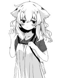 Rule 34 | 1girl, absurdres, animal ears, aoi tori, blush stickers, breasts, closed mouth, dress, greyscale, hair between eyes, hands up, highres, long hair, monochrome, original, shirt, short sleeves, simple background, sleeveless, sleeveless dress, small breasts, solo, white background