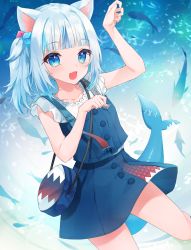Rule 34 | 1girl, :d, animal, animal ears, bag, bare arms, blue bag, blue dress, blue eyes, blue hair, blunt bangs, blush, cat ears, collarbone, commentary request, cowboy shot, dress, fang, fins, fish, fish tail, gawr gura, gawr gura (casual), gintama 10102, handbag, highres, holding, hololive, hololive english, looking at viewer, official alternate costume, one side up, open mouth, paw pose, ribbon, shark tail, shoulder bag, skin fang, smile, solo, tail, virtual youtuber, whale, white hair