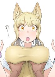 Rule 34 | 1girl, :o, animal ears, bad id, bad twitter id, blonde hair, blouse, bracelet, grabbing another&#039;s breast, breasts, close-up, collared shirt, grabbing, jewelry, large breasts, long hair, looking at viewer, nucomas, open mouth, orange eyes, original, pov, pov hands, shirt, simple background, surprised, sweater vest, tongue, white background, white shirt, yellow shirt, yellow sweater vest