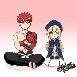 Rule 34 | 1boy, 1girl, artoria caster (fate), artoria pendragon (fate), beret, blue headwear, blush stickers, crossed arms, crossed legs, emiya shirou, fate/grand order, fate (series), gradient background, green eyes, hands on own knees, hat, highres, igote, indian style, jitome, limited/zero over, looking at viewer, low twintails, red hair, ribbon, seiza, senji muramasa (fate), shikano kashiko, simple background, sitting, smile, twintails, twitter username, yellow eyes