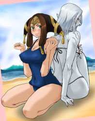 Rule 34 | 00s, 2girls, bare shoulders, beach, bikini, blush, bobabo, breasts, brown hair, cleavage, colored skin, elf, elvaan, covered erect nipples, female focus, final fantasy, final fantasy xi, green eyes, grey skin, hat, long hair, multiple girls, nail polish, one-piece swimsuit, pointy ears, red eyes, school swimsuit, silver hair, sitting, swimsuit, tattoo, water, yve&#039;noile