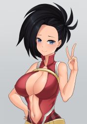 Rule 34 | 10s, 1girl, aori sora, bare shoulders, belt, belt skirt, black hair, blue eyes, blush, boku no hero academia, breasts, chest strap, closed mouth, commentary, fingernails, grey background, half-closed eyes, halterneck, hand on own hip, hand up, high collar, highres, large breasts, leotard, looking at viewer, navel, short hair, simple background, sleeveless, smile, solo, standing, underwear, v, yaoyorozu momo