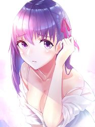 Rule 34 | 1girl, bad id, bad pixiv id, boa sorte, bra, breasts, cleavage, collarbone, commentary request, fate/stay night, fate (series), hair ribbon, heaven&#039;s feel, highres, long hair, looking at viewer, mask, matou sakura, mouth mask, off shoulder, pink ribbon, purple eyes, purple hair, ribbon, solo, surgical mask, underwear, upper body