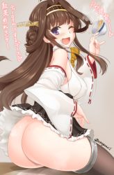 Rule 34 | 1girl, ;d, ahoge, asaga aoi, ass, bare shoulders, black skirt, breasts, brown hair, butt crack, covered erect nipples, cup, detached sleeves, double bun, grey thighhighs, hair bun, hairband, holding, holding cup, japanese clothes, kantai collection, kongou (kancolle), kongou kai ni (kancolle), long hair, long sleeves, looking at viewer, medium breasts, miniskirt, no panties, nontraditional miko, one eye closed, open mouth, pleated skirt, purple eyes, ribbon-trimmed sleeves, ribbon trim, skirt, smile, solo, tea, teacup, thighhighs, translation request, twitter username, wide sleeves