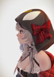 Rule 34 | 1girl, absurdres, animal hood, bare shoulders, black choker, black hair, bow, breasts, camisole, choker, cleavage, closed mouth, commentary, detached hood, from side, grey hair, hair ornament, highres, hololive, hood, hood up, large breasts, lips, long hair, multicolored hair, off shoulder, orca hood, pale skin, plaid, plaid bow, profile, red eyes, sakamata chloe, simple background, solo, streaked hair, takami masahiro, upper body, virtual youtuber, white background, white camisole, x hair ornament