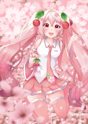 Rule 34 | 1girl, :d, absurdres, ahoge, blush, boots, cherry, cherry blossom print, cherry blossoms, cherry hair ornament, collared shirt, detached sleeves, floral print, flower, food, food-themed hair ornament, fruit, hair intakes, hair ornament, hand up, hatsune miku, highres, holding, holding food, holding fruit, long hair, long sleeves, looking at viewer, makimaki (momijiusa), necktie, open mouth, pink eyes, pink hair, pleated skirt, print hair, print necktie, sakura miku, shirt, skirt, sleeveless, sleeveless shirt, smile, solo, thigh boots, tie clip, tree, twintails, very long hair, vocaloid