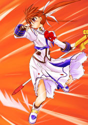 Rule 34 | 00s, 1girl, bow, fingerless gloves, gloves, lyrical nanoha, magazine (weapon), magical girl, mahou shoujo lyrical nanoha, mahou shoujo lyrical nanoha a&#039;s, purple eyes, raising heart, red background, red bow, red hair, shoes, solo, takamachi nanoha, twintails, uka, white devil, winged footwear, wings