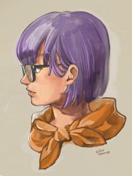 Rule 34 | 1girl, blue eyes, chrono trigger, from side, glasses, highres, looking to the side, lucca ashtear, parted lips, portrait, purple hair, scarf, short hair, simple background, solo, twitter username, uzutanco
