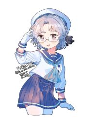 Rule 34 | 1girl, aqua neckerchief, black ribbon, blue sailor collar, blue skirt, blush, commentary, dated, eto (etonomemo1008), gloves, grey hair, hair ribbon, hat, hirato (kancolle), kantai collection, looking at viewer, neckerchief, one-hour drawing challenge, open mouth, pleated skirt, ribbon, sailor collar, sailor hat, school uniform, serafuku, short hair, signature, simple background, skirt, solo, symbol-only commentary, thighhighs, twitter username, white background, white gloves, white hat, white thighhighs