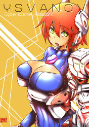 Rule 34 | 1girl, absurdres, artist name, breasts, cleavage, cleavage cutout, clothing cutout, facing viewer, fang, green eyes, highres, looking at viewer, mecha musume, medium breasts, meme attire, norman maggot, open-chest sweater, orange hair, original, short hair, skin fang, solo, sweater, upper body, yellow background