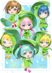 Rule 34 | 2boys, 4girls, :d, ahoge, animal costume, artist name, blue eyes, blue hair, blush, boots, braid, brown eyes, brown hair, chibi, clenched hands, crypton future media, dotted line, frog costume, frog raincoat, green eyes, hair bobbles, hair ornament, hair rings, hairclip, hands up, hatsune miku, highres, holding, holding leaf, holding umbrella, hood, hood down, hood up, kagamine len, kagamine rin, kaito (vocaloid), kikuchi mataha, leaf, leaf umbrella, long hair, looking at viewer, megurine luka, meiko (vocaloid), multiple boys, multiple girls, one eye closed, open mouth, parted bangs, pink hair, polka dot, polka dot background, rain, raincoat, rubber boots, short hair, shorts, smile, twin braids, twintails, umbrella, vocaloid, walking, water drop