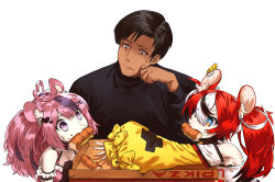 Rule 34 | 1boy, 2girls, ahoge, animal ears, bare shoulders, black collar, black gloves, black hair, collar, crop top, detached sleeves, dice hair ornament, doodle, gigguk, gloves, hair ornament, hakos baelz, hakos baelz (1st costume), haraya manawari, heart, heart ahoge, heart hair ornament, highres, hololive, hololive english, ironmouse, long sleeves, midriff, mouse ears, mouse girl, mousetrap, mouth hold, multicolored hair, multiple girls, off-shoulder shirt, off shoulder, pink hair, pizza box, purple eyes, purple hair, red hair, shirt, single glove, spiked collar, spikes, strapless, strapless shirt, streaked hair, trash taste, twintails, virtual youtuber, vshojo, white hair, white shirt