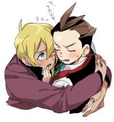 Rule 34 | 2boys, ace attorney, antenna hair, apollo justice, black shirt, blonde hair, blue eyes, blush, brown hair, chanko neru, closed eyes, collared shirt, cropped torso, crying, earrings, fingernails, green necktie, hair between eyes, hug, jacket, jewelry, klavier gavin, long sleeves, looking at another, lower teeth only, male focus, multiple boys, necktie, open mouth, popped collar, purple jacket, red vest, ring, shirt, short hair, simple background, sweat, tan, teeth, thumb ring, translation request, v-shaped eyebrows, vest, white background, white shirt, yaoi