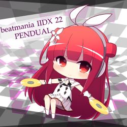 Rule 34 | 1girl, beatmania, beatmania iidx, blush, chibi, closed mouth, commentary request, copyright name, full body, headphones, highres, holding, long hair, looking at viewer, off-shoulder shirt, off shoulder, pleated skirt, red eyes, red hair, rensei, shirt, skirt, smile, socks, solo, thigh strap, umegiri ameto, very long hair, white shirt, white skirt, white socks, wrist cuffs